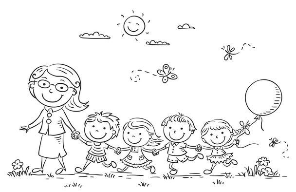 Cartoon-Kinder und ihr Lehrer im Freien, skizzieren - Vektor, Bild