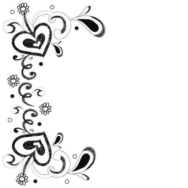 black and white heart and flower doodle for background or card v - Vector, Image