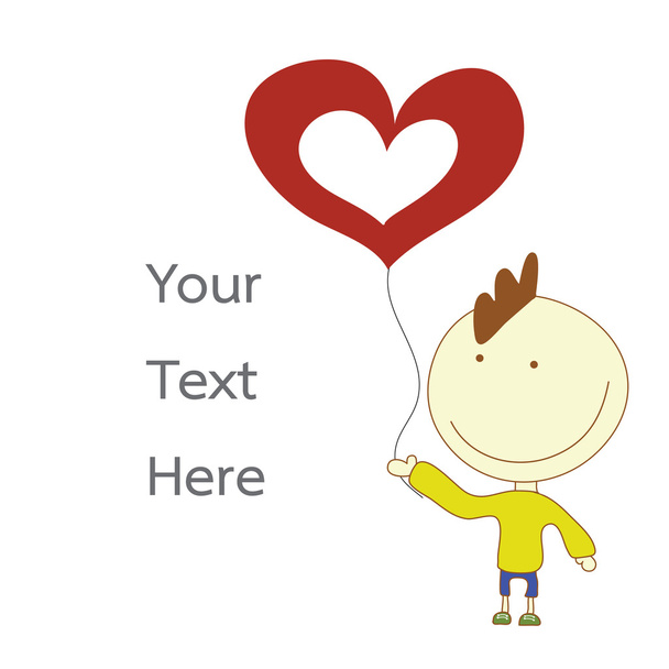boy smile and holding red heart balloon with text vector - Vetor, Imagem