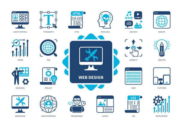 Web Design icon set. Plattform, Usability, Inhalte, frische Ideen, Layout, User Experience, Benutzeroberfläche, Website. Duotonfarbe einfarbige Symbole - Vektor, Bild