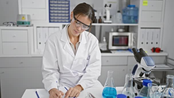 Radiant young hispanic woman scientist, grinning and taking notes in the lab, portrait of a beautiful career woman immersed in medical research - Footage, Video