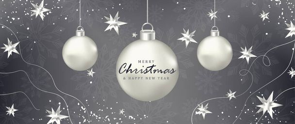Horizontální vektor Nový rok a vánoční šedá karta s vánočními míčky, jedlovými větvemi a sněhem. - Vektor, obrázek