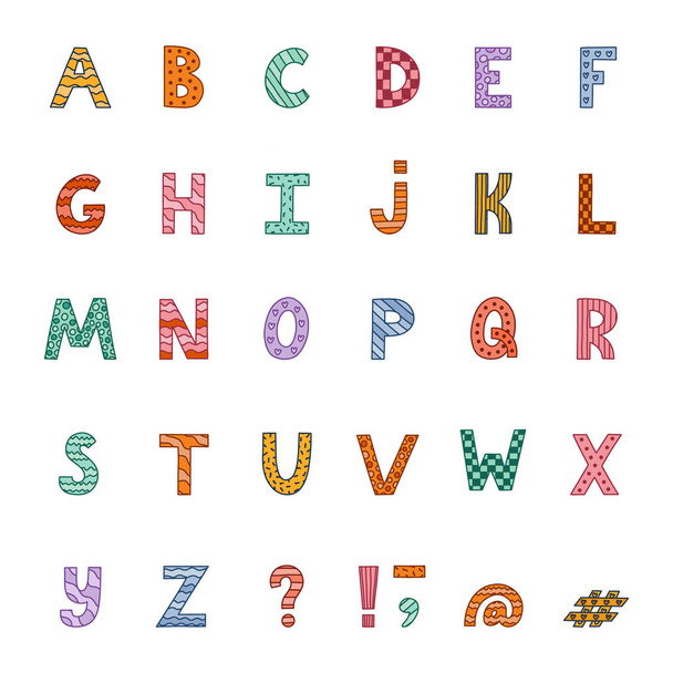 Cute funky alphabet set with memphis decoration and outline. Patterned bold font with comma, dash, hashtag. Funny latin ABC with uppercase letter, punctuation marks for cover, logo, festival headline. - Vector, Image