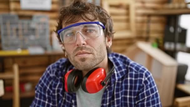 Confident yet simple, young carpenter captures perfect expression on camera, sporting a serious look amidst the scents of carpentry - Footage, Video