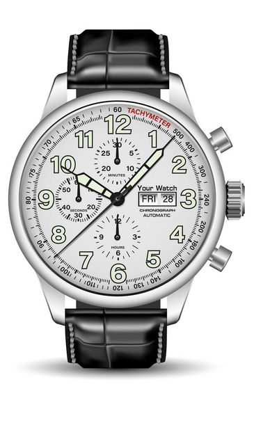 Realisztikus óra kronográf ezüst fekete puha zöld nyíl szám bőr szíj elszigetelt design klasszikus luxus vektor - Vektor, kép