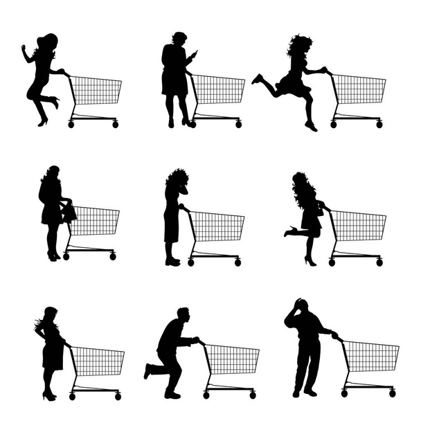 Sammlung von Vektorsilhouette von verschiedenen Menschen schieben Einkaufswagen auf weißem Hintergrund. Symbol für Ladenaccessoires. - Vektor, Bild