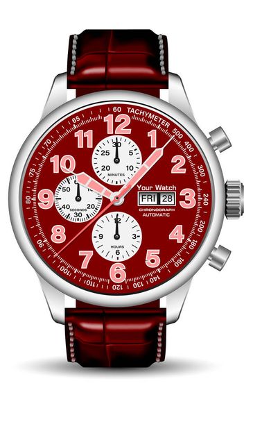 Realisztikus óra kronográf ezüst piros rózsaszín fehér fekete nyíl szám bőr szíj elszigetelt design klasszikus luxus vektor - Vektor, kép