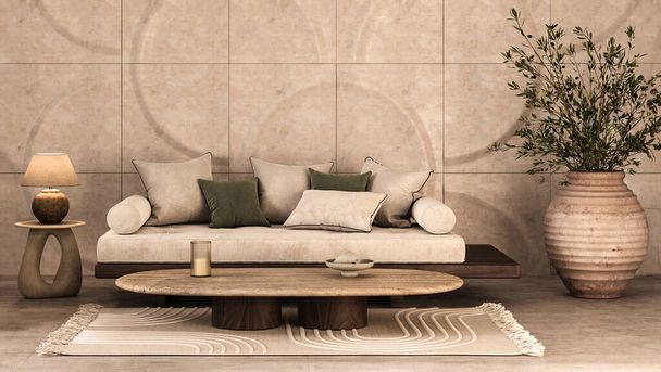 Sala de estar 3D elegante renderizar com um sofá confortável, acentos de madeira, e uma grande oliveira em um pote rústico criando um ambiente tranquilo - Foto, Imagem