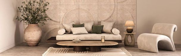 3d weergave van een rustige woonkamer met een beige bank, gebogen stoel, en rustieke elementen, geaccentueerd door een grote potted olijfboom - Foto, afbeelding