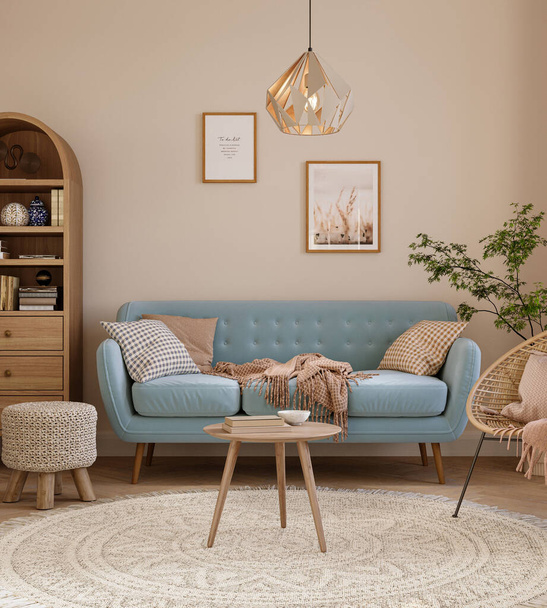 Útulný interiér domu ve světlých pastelových barvách s modrou pohovkou, dřevěným nábytkem a krásnou výzdobou. Nástěnná maketa, 3D vykreslování - Fotografie, Obrázek