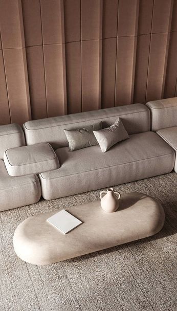 Visualización en 3D de una sofisticada sala de estar con un elegante sofá modular y una moderna mesa de centro sobre un telón de fondo con paneles, 3d render - Foto, imagen