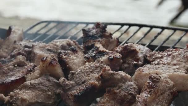 een man draait zich om met zijn handen stukken hete kebab met een smakelijke korst, gemaakt van varkensvlees hals, op de oever van de rivier, close-up. - Video