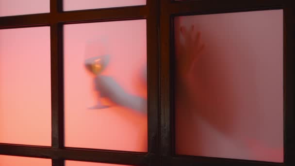 Unbekanntes Nacktmodel hält ein Glas Wein hinter durchsichtige matte Glasoberfläche, Dämmerung. Verführerisches Mädchen, junge Frau mit perfektem Körper, bewegtem Schatten, Silhouette. Zeitlupe hochqualitatives 4k Filmmaterial - Filmmaterial, Video