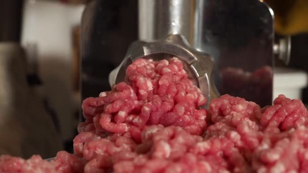 Grinding meat using an electric meat grinder. An electric meat grinder grinds meat into minced meat. - Footage, Video