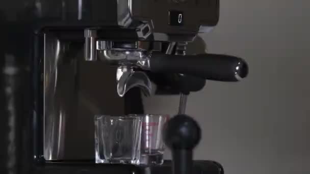Processo de fazer café expresso de tiro único usando uma máquina de café expresso automático. Foco seletivo. - Filmagem, Vídeo