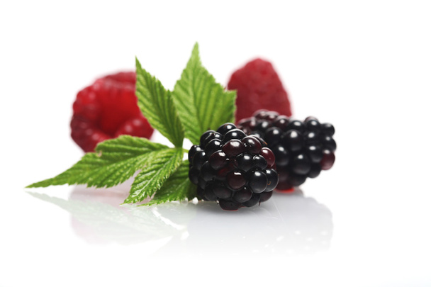 Raspberries and blackberries with leaves - Zdjęcie, obraz
