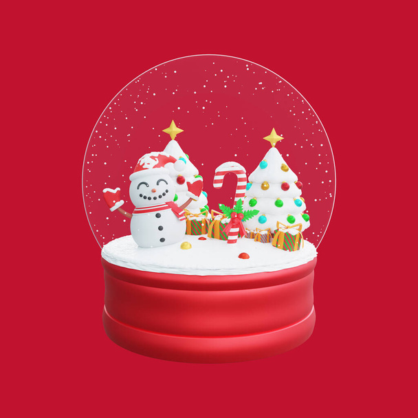 3D ilustracja świątecznej kuli śnieżnej. Wesoły bałwan stoi obok pięknie urządzonej choinki. Kolorowe prezenty dodają świątecznej radości. Idealny na Boże Narodzenie i Szczęśliwego Nowego Roku - Zdjęcie, obraz