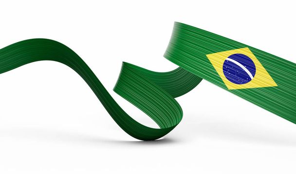 3d Fahne von Brasilien 3d Wavy Shiny Brazil Ribbon Isoliert auf weißem Hintergrund 3d Illustration - Foto, Bild