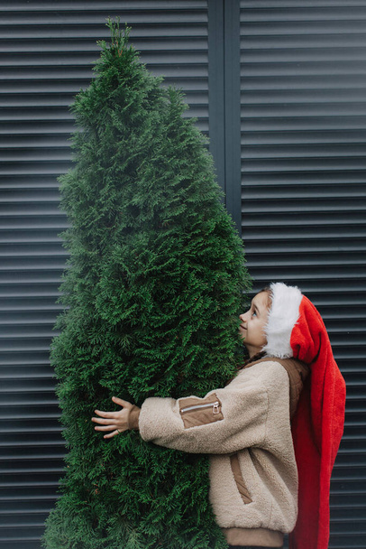 Adorable teen girl in Santa hat hugging Christmas tree outdoors. Girl against the background of a black fence with green fir trees. Celebration seasonal winter holidays with kids. - Photo, Image