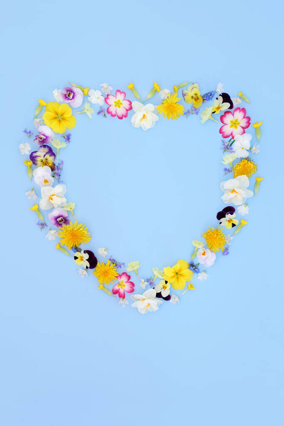 Mavi arka planda kalp şeklinde çiçek çelengi. Logo için bahar çiçeği çelengi, menü, davetiye, Beltane için kart, sevgililer günü, anneler günü, yıldönümü, doğum günü, düğün günü.. - Fotoğraf, Görsel