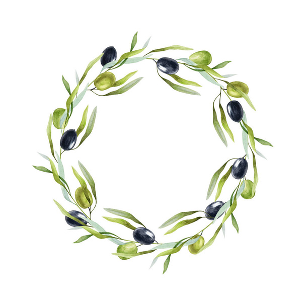Olivová větev kulatý věnec akvarel ilustrace. Elegantní kulatý rám se zelenými listy a olivovým dekorem. Ručně kreslené olivové věnec dekorace. Izolováno na bílém pozadí. - Fotografie, Obrázek