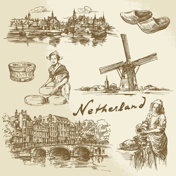 Netherlands - hand drawn set - Vektör, Görsel