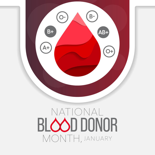 Měsíc dárců krve (NBDM) je pozorován každý rok v lednu, na oslavu životodárného dopadu dárců krve a krevních destiček. Vektorová ilustrace - Vektor, obrázek