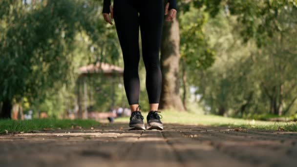 Μια επαγγελματίας αθλήτρια κορίτσι προετοιμάζεται για αγώνα ταχύτητας κατά τη διάρκεια μιας πρωινής άσκησης στο πάρκο ενεργό τρόπο ζωής - Πλάνα, βίντεο