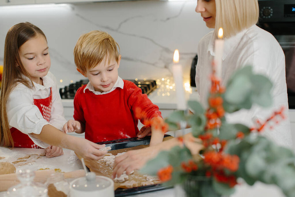 Μια μητέρα με την κόρη και το γιο της ετοιμάζει χριστουγεννιάτικα μπισκότα, τα παιδιά βάζουν μπισκότα σε ένα ταψί. - Φωτογραφία, εικόνα