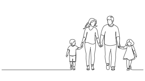 disegno continuo a linea singola di madre e padre con due bambini che camminano mano nella mano, illustrazione vettoriale della linea di famiglia - Vettoriali, immagini