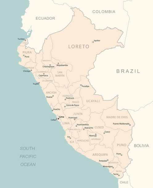Перу - подробная карта с административными единицами страны. Векторная иллюстрация - Вектор,изображение