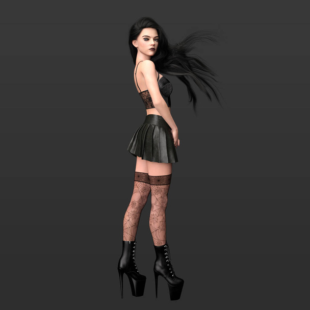 3D Renderelés a gyönyörű gótikus városi fantázia nő modell hosszú sötét haj egy Magic Pose elfordul a kamera és Fishnet harisnya és fekete ruha elszigetelt sötét háttér - Fotó, kép