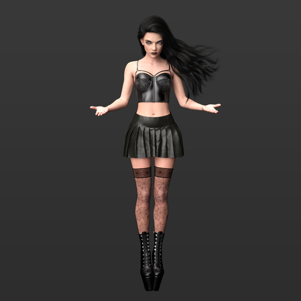 3D Renderöinti Kaunis Gothic Urban Fantasy nainen malli pitkät tummat hiukset Magic Pose ja Fishnet sukat ja musta asu eristetty tumma tausta - Valokuva, kuva