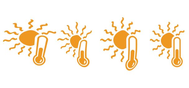 Sarjakuva, sarjakuva kuuma kesä osoittaa kuvaketta. Säälämpömittari. Vektorin korkean lämpötilan huomiomerkki. Auringon säämittarin kuvake. Auringonotto, UV-tekijä. Aurinkoinen ja sateinen sää - Vektori, kuva