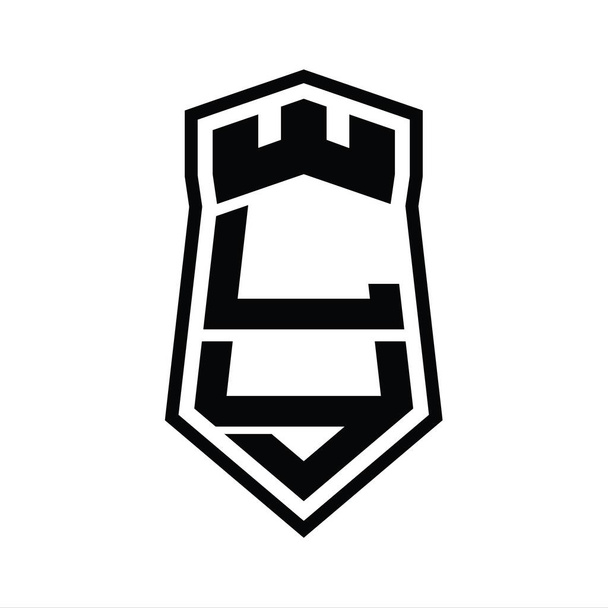 LY Carta Logo monograma hexágono escudo forma para cima e para baixo com castelo coroa modelo de design de estilo isolado - Foto, Imagem