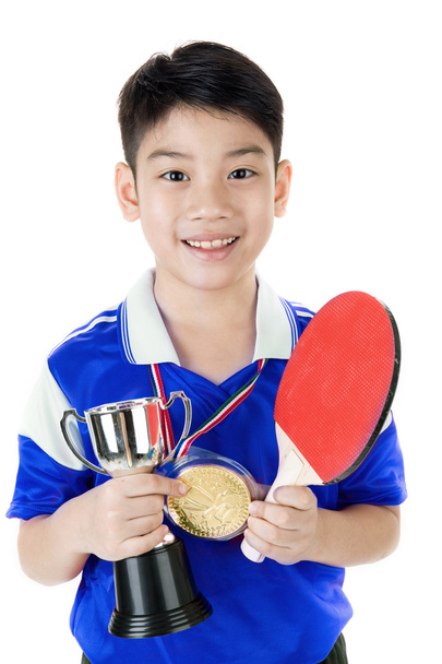 Portrait of Happy asian boy play table tennis  - Photo, Image