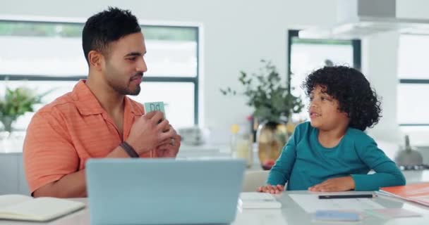 Father, son and help with reading, test and learning for school project, homework and alphabet. Education, knowledge and teaching, dad and kid in home for support, studying and child development - Footage, Video