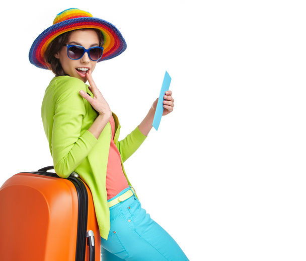Tourist with travel suitcase and boarding pass - Φωτογραφία, εικόνα
