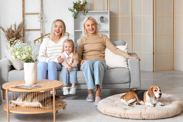Happy family with cute dog at home - Photo, Image