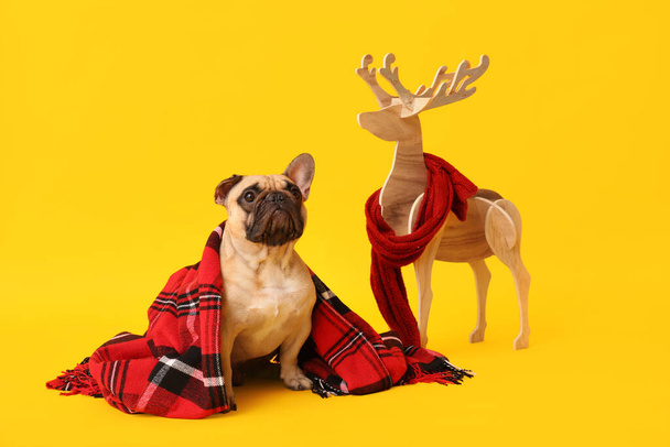 Cute pug dog with Christmas deer and plaid on yellow background - Photo, Image