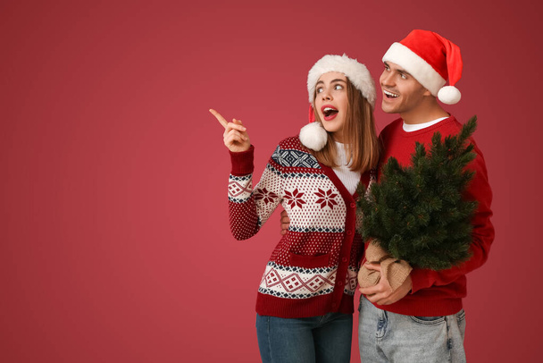 Beautiful young couple in Santa hats with Christmas tree pointing at something on red background - Photo, Image
