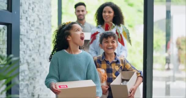 Family, front door and boxes for new home or real estate with surprised, excited and happy for relocation. Parents. kids and property investment, opportunity and security with smile, wow and package. - Footage, Video