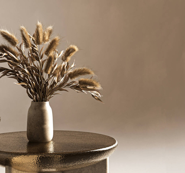 Egy texturált váza tartja pampa fű ül a kerek asztal tetején, megteremtve a harmonikus 3D render jelenet a természetes szépség és a modern design - Fotó, kép