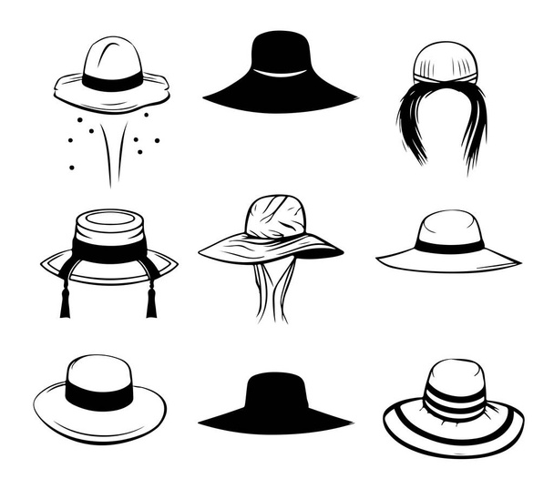 Summer Hats vintage kokoelma tyylikäs nainen, nainen ja naiset. Retro muoti setti. Englantilaiseen Käsin piirretty - Vektori, kuva