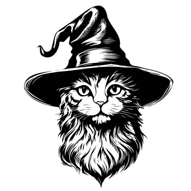 Musta kissa noita hattu muotokuva luonnos käsin piirretty Halloween kuva - Vektori, kuva