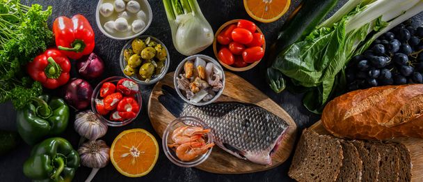 Food products representing the Mediterranean diet which may improve overall health status - Photo, Image
