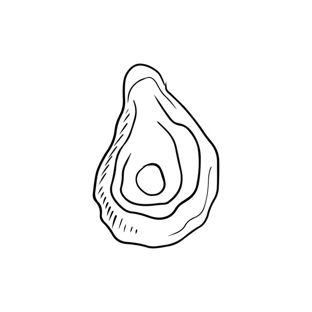 Chutná chutné ústřice skořápka s perlou v černé izolované na bílém pozadí. Ručně kreslený vektorový náčrt vyrytý ve stylu čmáranice. Čerstvé mořské plody, výživné, francouzská kuchyně - Vektor, obrázek