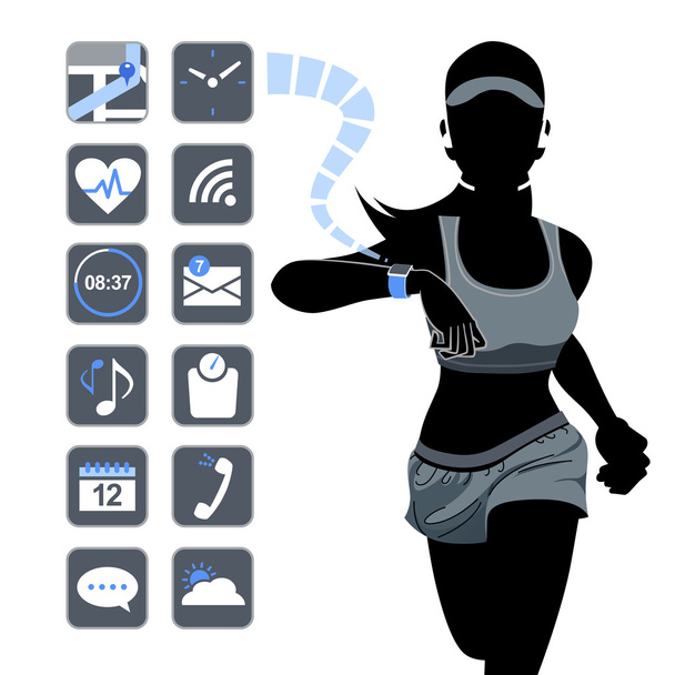 Concepto de dispositivo inteligente - mujer fitness
 - Vector, imagen