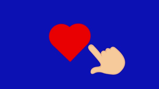 video animation hand cartoon giving like in classic icon heart of social networks. On a blue chroma key background - Footage, Video