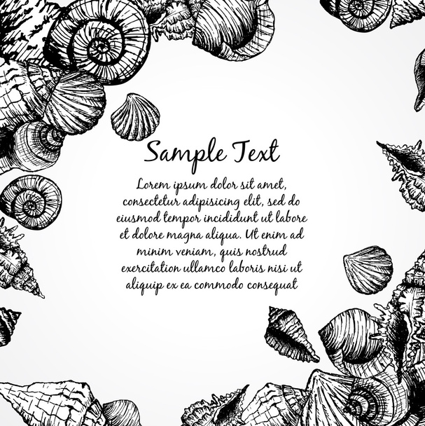 Patrón dibujado a mano con varias conchas marinas y lugar para el texto
 - Vector, Imagen